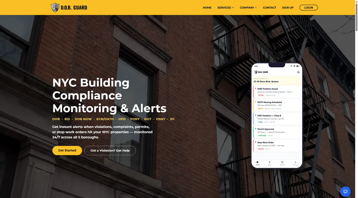 DOBGuard dashboard — real-time NYC building violation alerts